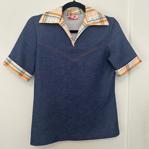 VINTAGE 3-pc 60s/70s denim/plaid print skirt/shirt/tunic set w/apple motif (S) - Picture 10 of 16